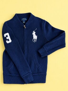 Polo by Ralph Lauren Navy Zip-Up Sweater with White Polo Player & Sleeve 3